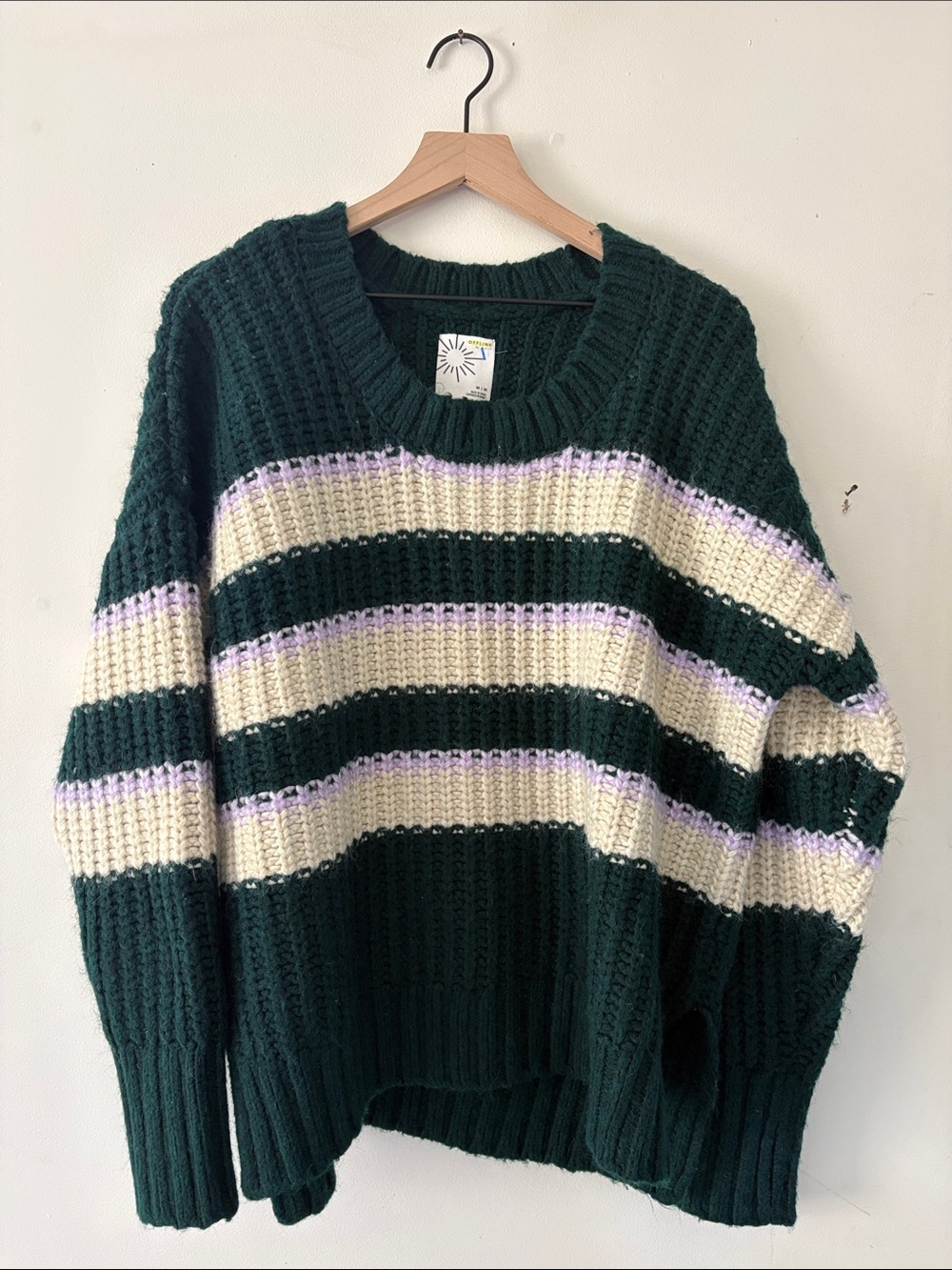 Offline by aerie Dark Green Cream Lavender Striped Crewneck Sweater thumbhole